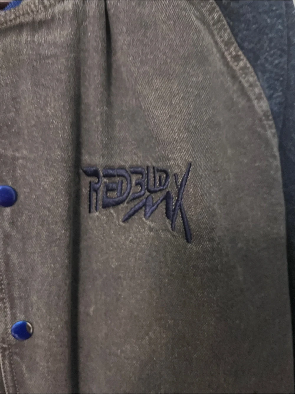Redbud MX Vintage Gray & Navy Varsity Jacket with Blue Trim